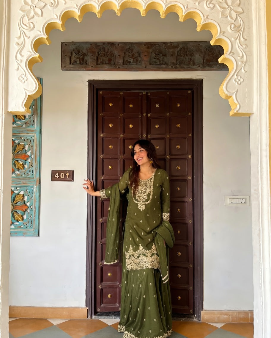 Heritage olive embroidered sharara set
