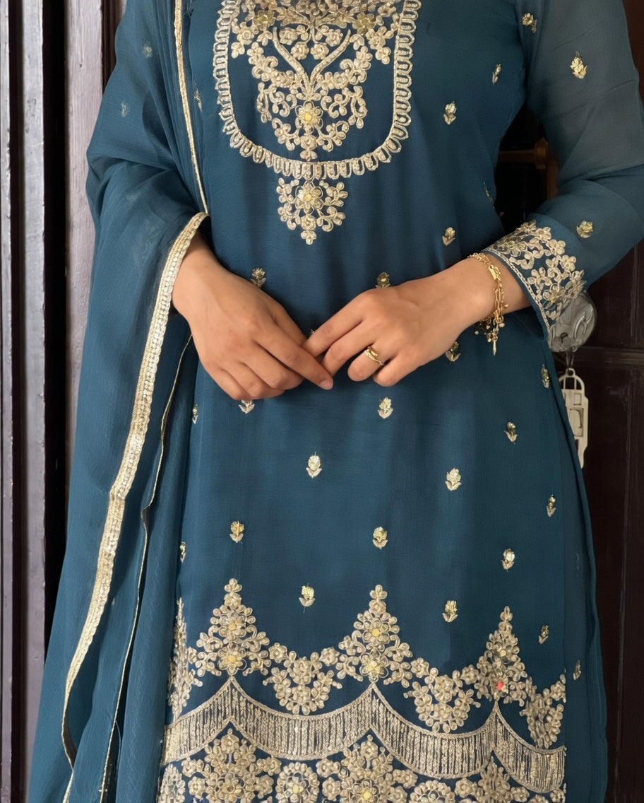 Royal teal embroidered sharara set