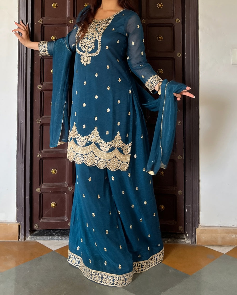 Royal teal embroidered sharara set