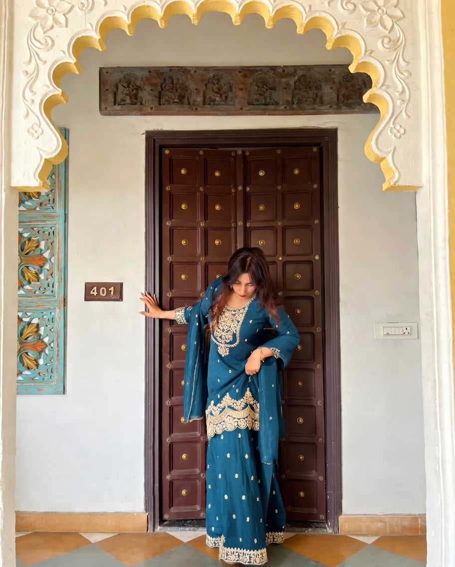 Royal teal embroidered sharara set