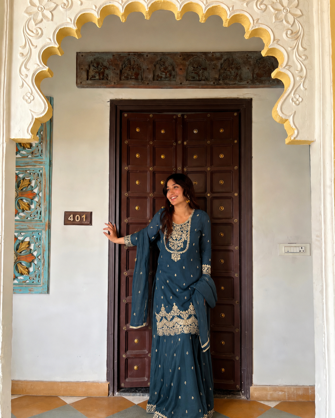 Royal teal embroidered sharara set