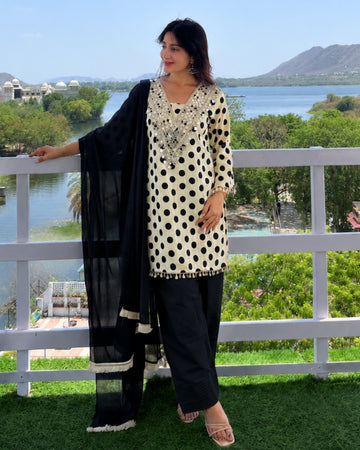 White Polka Mirror Work Farsi Salwar Set