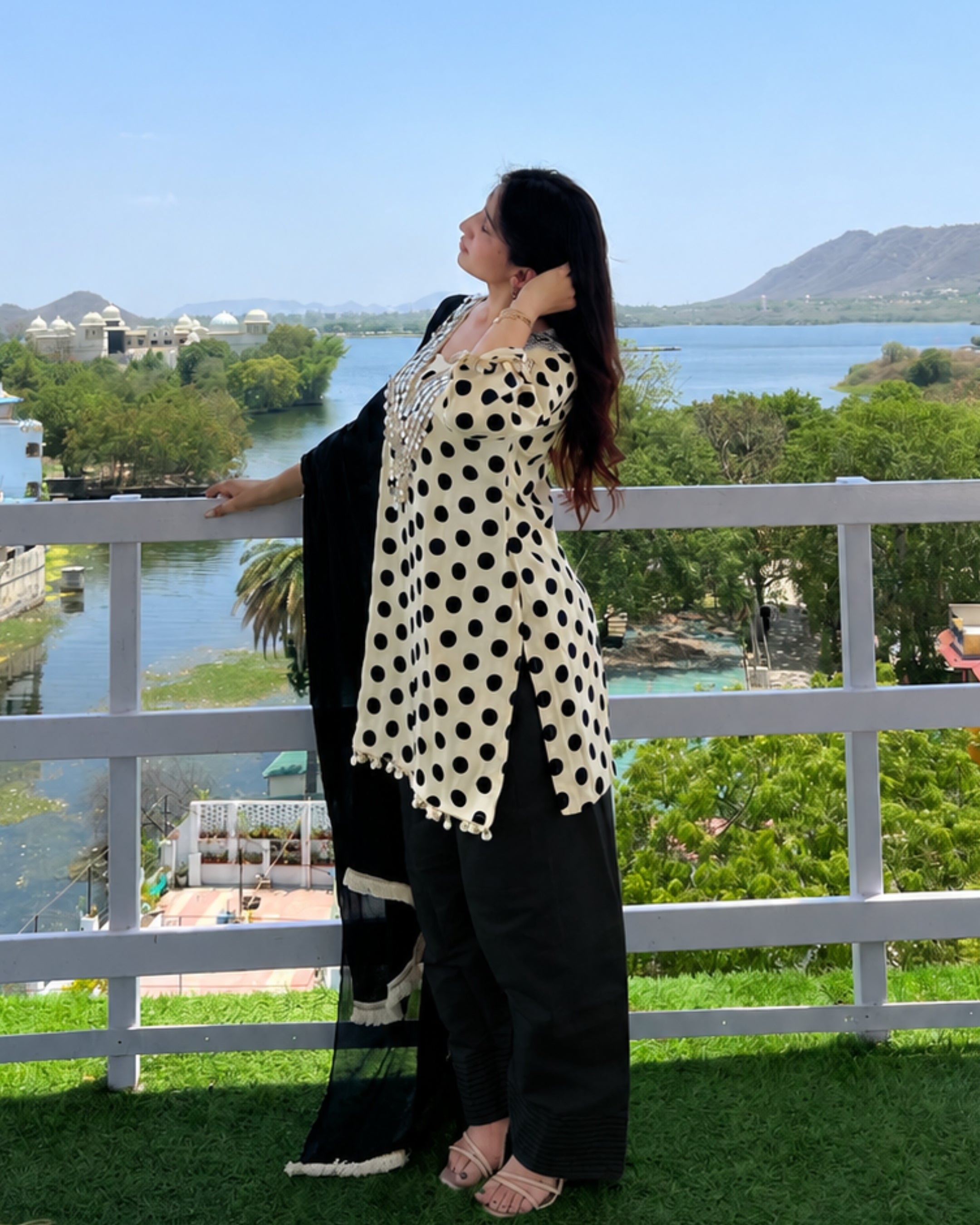 White Polka Mirror Work Farsi Salwar Set