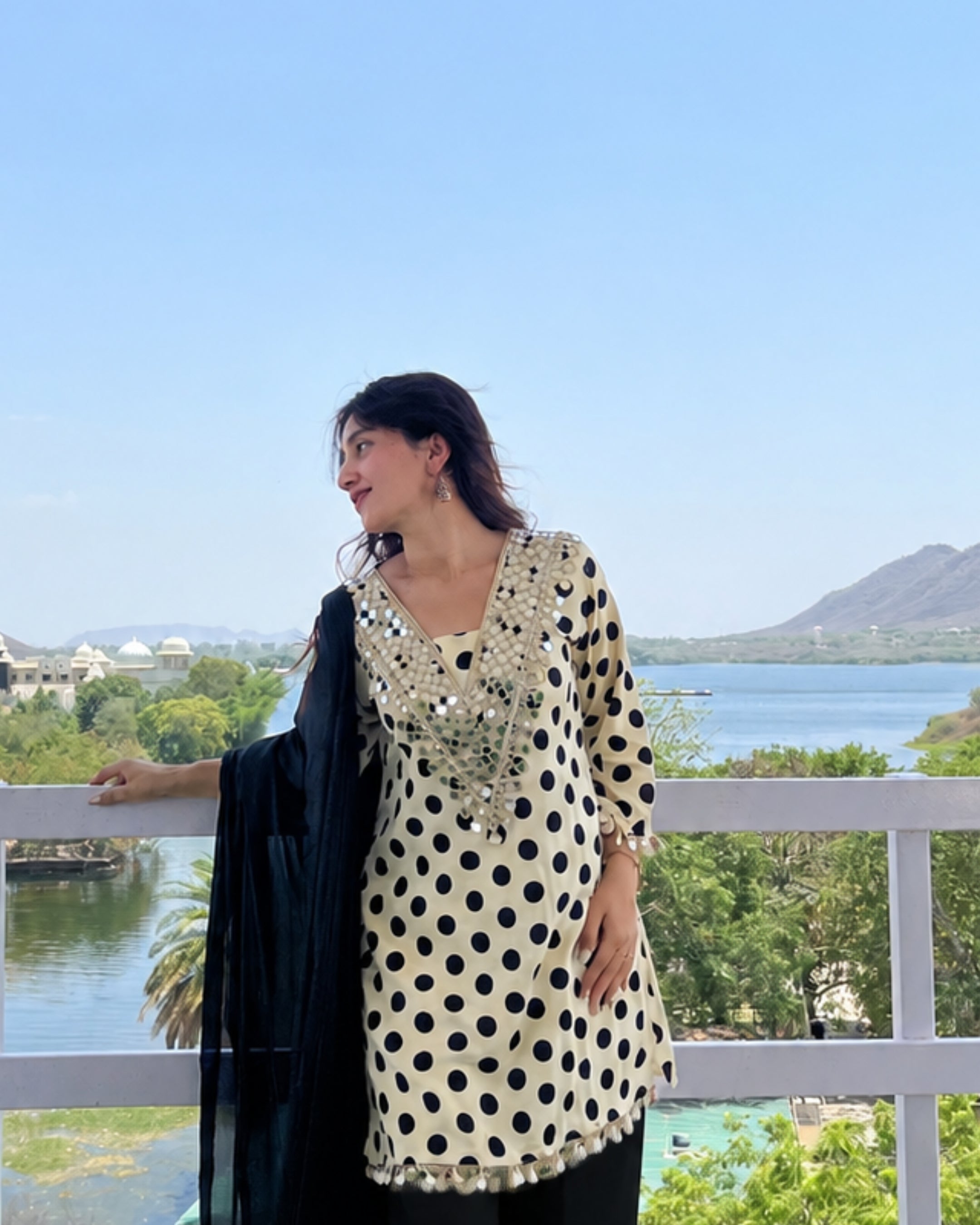 White Polka Mirror Work Farsi Salwar Set