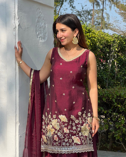 Luxurious Wine Fendy Silk Sharara Set with Bead Embroidery