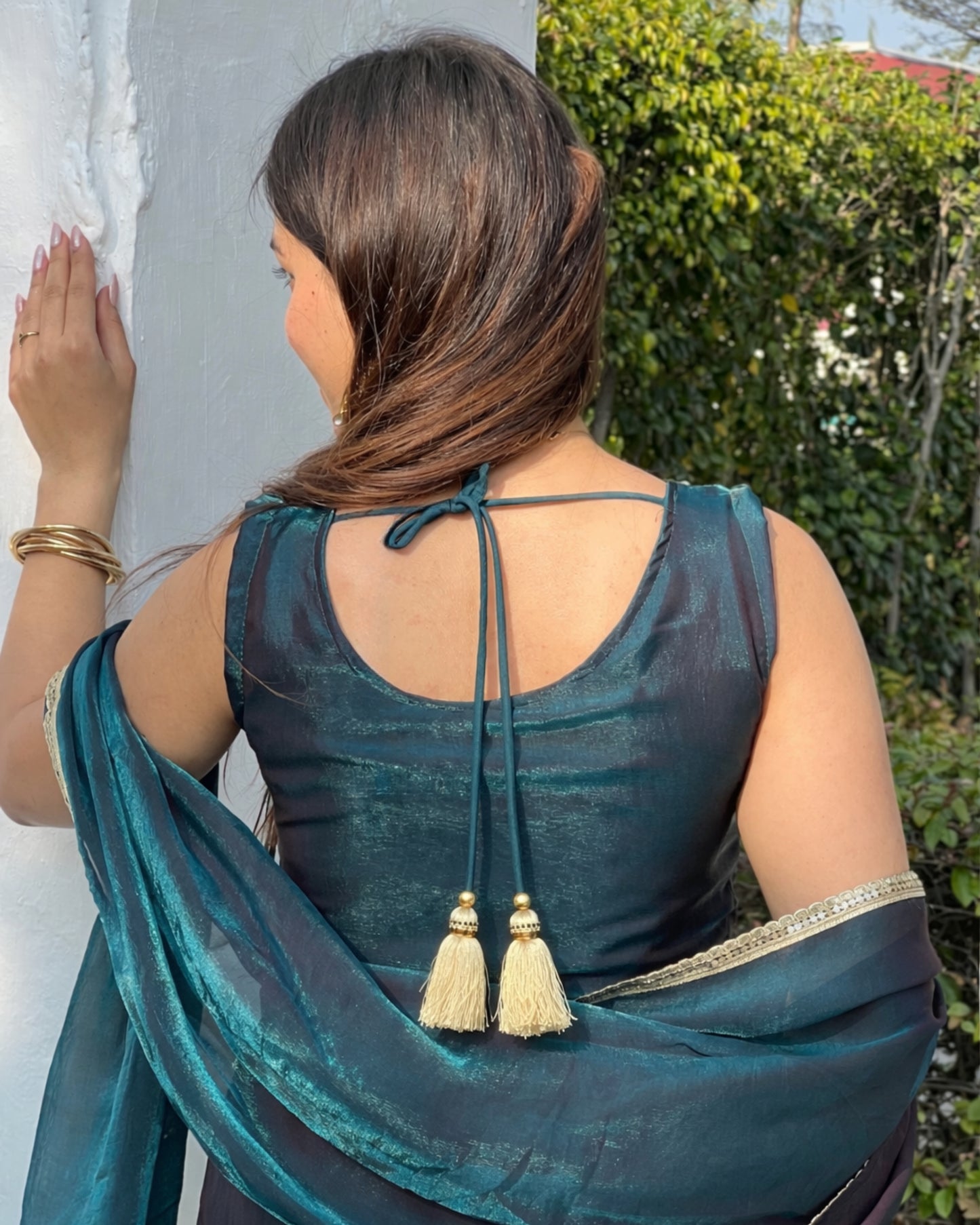 Luxurious Teal Green Fendy Silk Sharara Set with Bead Embroidery