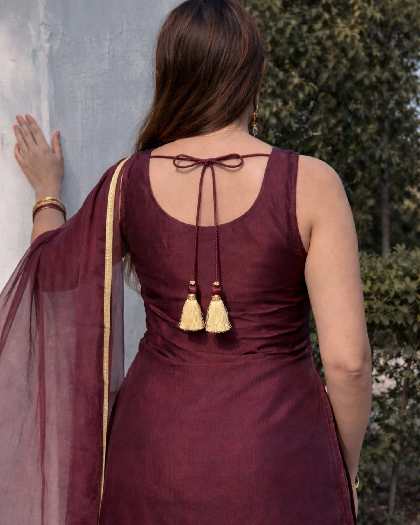 Luxurious Wine Fendy Silk Sharara Set with Bead Embroidery