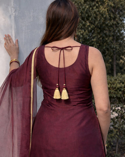 Luxurious Wine Fendy Silk Sharara Set with Bead Embroidery