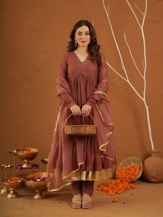 Rustic Brown Festive Anarkali Set with Gold Border