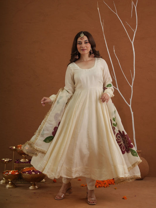 Elegant Off-White Anarkali & Hand-Painted Organza Set